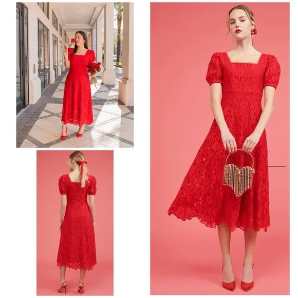 VGUC Rachel Parcell RP Red Lace Fit & Flare Cocktail Holidays Midi Dress XS - Picture 1 of 13